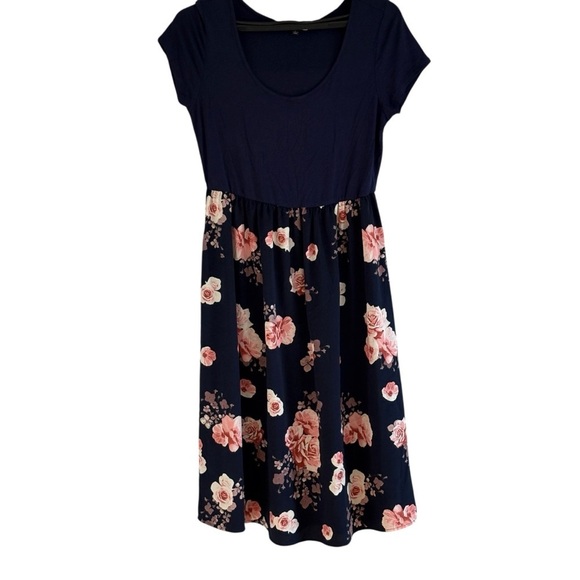 Modcloth Womens Navy Floral Pink Roses Dress Size Large Fit Flare - Picture 2 of 7